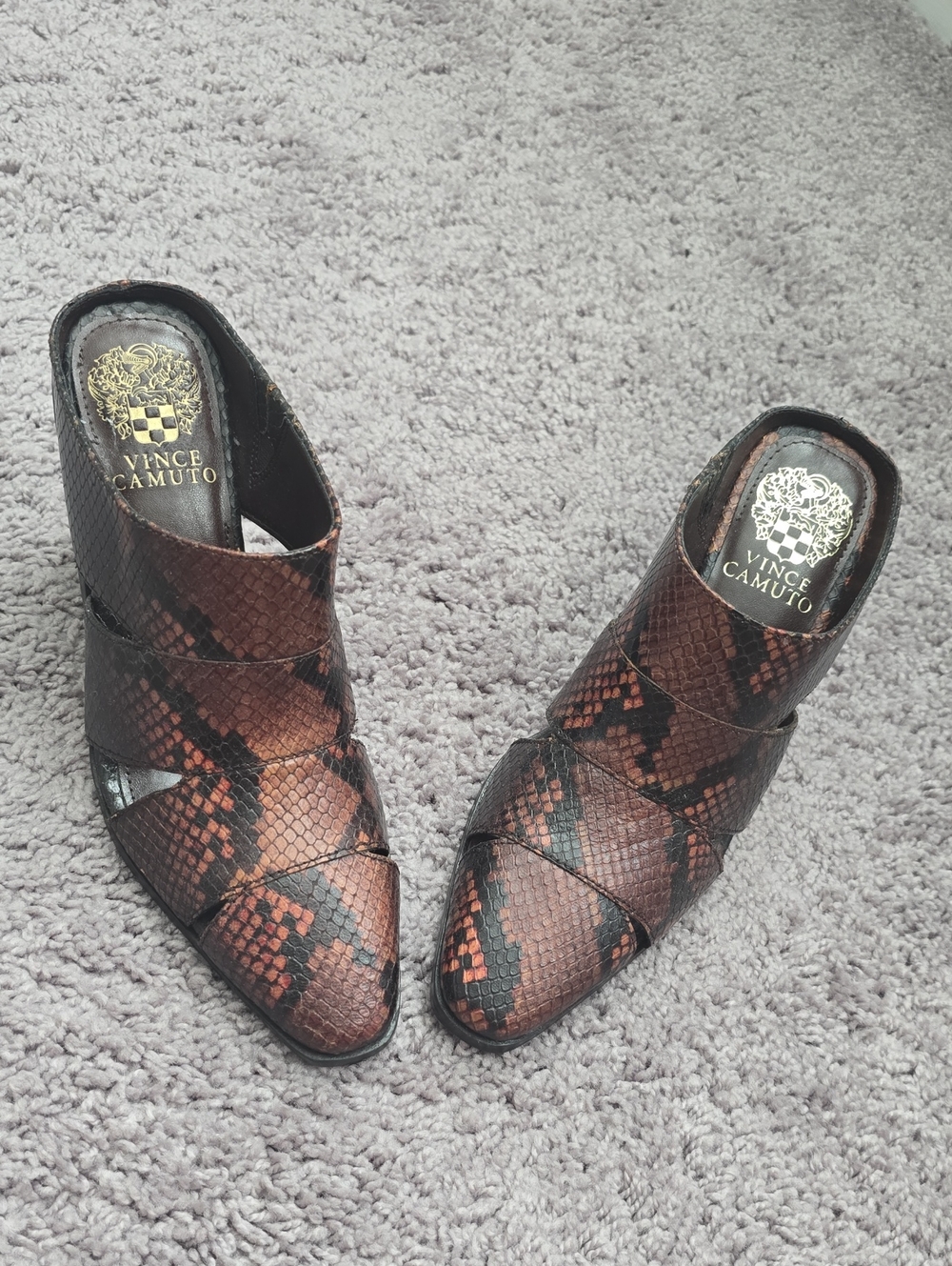 Vince Camuto Brown and Black Snake-Print Pointed Mules with Crisscross Straps